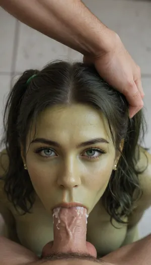 Pov man, ((groin observed)), hands on her head, sitting by Nude, Athletic Body, Full Body, (She-Hulk 1.5), (100% face and body match She-Hulk 1.5), (big bright glowing green eyes), sultry look on her face, (hair in pigtails), medium breasts, close-up, correct anatomy, (Deepthroat:1.8), ((full length of cock in her mouth)), (balls deep), face forced down to balls, all the way to the base, beautiful, large ejaculation, (cum trickling out of her mouth), focused, flash, 4K, Professional Photography