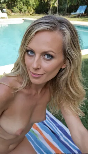 Candid photo, outdoor pool party, slender 37 year old milf, long dark blonde hair, naked dare, realistic, Hyper realistic, acting silly, vivid crisp hd image, realistic detailed face, realistic detailed eyes, realistic detailed skin