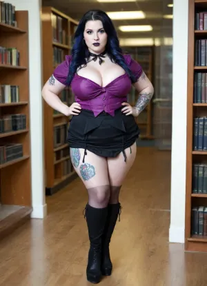 30 years old, naughty bookworm, library, Long skirt, fat tits, big tits, fully clothed, Full Body, Gothic, goth girl, Long Black Hair, Curvy Body, Busty, cute Face, grabbing boobs, black Army Boots, black lips, light Gothic Make-up, sggirl, emo, tattoo, pale, cold, lighting, blue, hair, red, purple, plump, skindentation, chubby, bbw, venus, body, big, breasts, ass, bow, blouse, <lora:SG_emo_girl_SDXL:.5>, <lora:Chubby BBW - XL:.4>, <lora:56a206e8-def0-49c2-b599-66069ac558c5.TA_trained:.5>