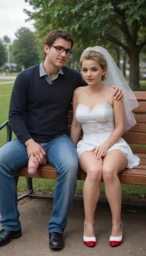 in this photo we see 3 people, 2woman and 1man sitting on a bench in a park. 1woman is tiny Velma, brunette, big tits, very torn school uniform, very short skirt. 2woman is Elsa, blonde, huge tits, very torn wedding dress. 1man is casual dressed, open jeans, huge cock out.
Man is sitting between tiny Velma and Elsa. tiny Velma has her hand on cock, cum on hand, cum on legs, cum on clothes. Elsa is hugging man. full body view, man is full in frame