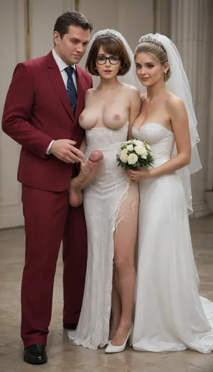 in this photo we see 3 people, tiny Velma, blonde bride, groom. blonde Bride standing between tiny Velma and groom, Bride gets groped by tiny Velma and groom. bride has very torn wedding dress, tits are out, groom touching brides huge tits, stroking his huge cock, massive cock, gigantic cock, super cock, full body view