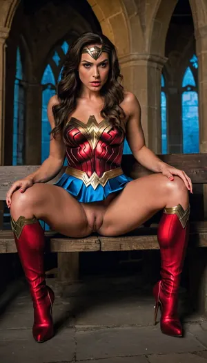 Wonder Woman, ((squatting with feet on bench)), ((skirt)), ((no panties)), (((legs wide apart))), (((up skirt view showing pussy))), in this photo taken at the vampire castle, description of a woman, tall, slender, with long legs, medium perky tits, shaved pussy, high heels, lush long hair, slender legs, elastic ass, she is 20 years old, provocative makeup, an expression of orgasm is written on her face, muscles and veins protrude on her legs, super hero, looks at the viewer, nsfw