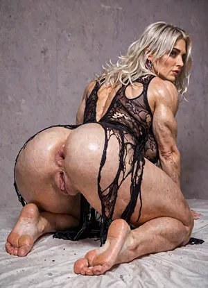 Scifi Side view 36 year old prefnant goth milf extremely long platinum white hair, (pale skin extremely fat large breasts thick muscles:1.25), (and muscular fat:1.2), body kneeling, (Torn see through dresses), full body, ((swollen asshole:1.5), (swollen labia:1.5), (purple:1.5)), <lora:LCM_LoRA_Weights_SDXL:.8>