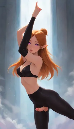 (Dark elf sorceress), glowing violet eyes, (detailed eyes), (perfect eyes), long orange hair, deep cleavage, seductive gaze, She's masturbating in the Ballet Hall, one hand masturbation, wearing a black latex ballet suit, bare breasts, with her short penis peeking out from under the black latex underpants, her hair in a bun, smooth black skin, big round boobs, erect nipples, shiny body, toned abs, narrow waist, curvy hips, Profile view, looking from the side, sticking his ass up, testicles hanging down, ballet pose, ballet dancing, soft fog, erotic fantasy lighting, NSFW, masterpiece, highly detailed, futanari, futanari short penis, testicles, erection, futa_overflow, cum in ballet hall, dripping cum in ballet hall, solo, bangs, eye, focus, orgasm face, sparkle, looking, at, viewer, glowing, eyelashes, <lora:J_cartoon:.3>, <lora:Animated_Concept:.3>, <lora:samdoesarts1.1-000030:.3>, <lora:209970_training_data:.8>, <lora:Jeweled eyes-NAI:.8>
