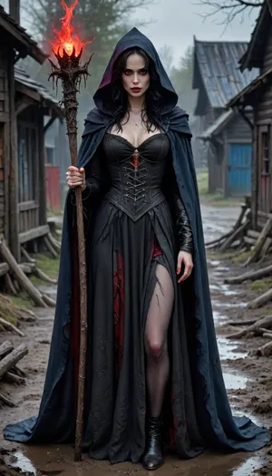 Me, a witch, 17th century, long tangled dirty black hair, wicked smile, evil grin, long cloak with hood, magic staff, bloody makeup, red eyes, blue magical energy glowing in her hand, standing in the mud, old wooden houses in the background, <lora:OrbstaffV2XL:.5>, <lora:Dark Fantasy:.5>, <lora:dark_fantasy_art:.5>