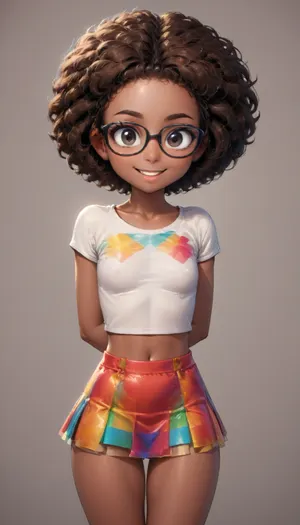 pencil drawn image of a 18 years old young african, black eyes, perfect body, ebony girl, smiling, ebony skin, short afro hair, short hair, with glasses, open_mouth, no_nose, ebony skin color, big boobs, wearing a mini skirt, Pencil Draw