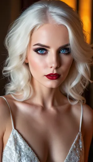 ziprealism, (smug, expressive eyes, breathtaking eyes, mesmerizing eye contact), (silky hair, brilliant white hair, stark white hair, stylish hairstyle), (vivid lipstick, heavy eyeshadow, dark eyeshadow, bold eyeliner:1.4), (sharp chin, chiseled cheekbones, triangular face, full lips), (medium closeup, professional lighting, award winning portrait, tight focal length, rule of thirds framing:1.2), (sharp focus, focus on eyes, perfect eyes), (crystal blue eyes, catchlights, detailed eyes, limbal ring), (subtle freckles and skin imperfections:.4), posing in front of sunny window, streaming sunlight, godrays, sexy red negligee, cleavage, natural skin texture, soft bokeh, <lora:add-detail-xl:.8>