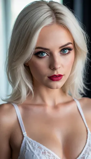 ziprealism, (smug, expressive eyes, breathtaking eyes, mesmerizing eye contact), (silky hair, brilliant white hair, stark white hair, stylish hairstyle), (vivid lipstick, heavy eyeshadow, dark eyeshadow, bold eyeliner:1.4), (sharp chin, chiseled cheekbones, triangular face, full lips), (medium full shot, professional lighting, tight focal length, rule of thirds framing:1.2), (sharp focus, focus on bra, perfect eyes), (crystal blue eyes, catchlights, detailed eyes, limbal ring), (subtle freckles and skin imperfections:.4), posing in front of sunny window, streaming sunlight, godrays, s, (exy white lingerie, intricate lingerie), cleavage, natural skin texture, soft bokeh, <lora:add-detail-xl:.8>