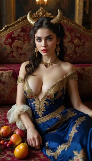 Rating_explicit, Hyper-detailed portrait of a stunning demon girl with horns, white horns, huge breasts, glowing slit-pupil eyes, and a mischievous smile, reclining sideways on a luxurious velvet divan adorned with golden tassels, a ripe purple grapes near her lips, her sharp nails contrasting with the fruit's softness. The grand hall features marble floors with intricate mosaics, towering pillars wrapped in silk, and golden lanterns casting warm, ambient light. Around her, opulent platters overflow with pomegranates, figs, honeyed sweets, and jeweled goblets of wine. She wears a sapphire-blue eastern-inspired ensemble with elaborate gold embroidery, a sheer chiffon veil, and layers of ornate gold jewelry—chandelier earrings, serpentine arm cuffs, and a gem-studded belt. The scene is rich with细节, Persian carpets, peacock-feather fans, scattered rose petals, and ancient tapestries depicting mythical beasts. Ethereal wisps of dark smoke curl around her ankles, hinting at her supernatural essence. Cinematic lighting, vibrant colors, and ultra-realistic textures enhance the fantastical opulence, <lora:MJ52:.8>, supermodel, face, big, lips, <lora:Beautify-Supermodel-SDXL:.8>