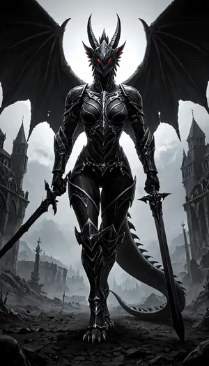(Cinematic:1.3), ((realistic:1)), Female knight, black, (full body black armor), ((dragon scale leg armor)), dragonslayer, ripped black cape, hooded, long white hair, pale skin, Scars, (((closed helmet))), iron vizor, gloves, heavy shoulder armor, dragonhead, legendary, heavy breasts, saggy, wide hips, dynamic pose, walking, battelfield, highest quality, ultra high detailed texture, masterpiece, perfect shadows, perfect lighting, darkness, black aura, Wielding, sword, dragon, wings, <lora:Fantasy_world__XL:.8>, <lora:add-detail-xl:.8>, <lora:XL_Weapon_Sword_-_By_HailoKnight_2:.8>
