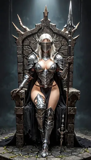 Cinematic, (realistic:1), (Female knight), black, (full body black armor), (dragon scales), dragonslayer, dull iron, mat iron, ripped black cape, hooded, long white hair, pale skin, Scars, full helmet, full visor, gloves, heavy shoulder armor, dragonhead, legendary, heavy breasts, saggy, wide hips, dynamic pose, highest quality, ultra high detailed texture, throne hall, gigantic black longsword, perfect shadows, perfect lighting, spear, <lora:XL_Weapon_Spear_-_By_HailoKnight:.8>
