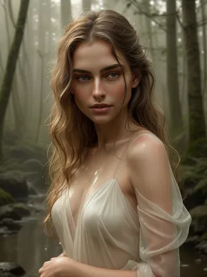 A photorealistic, capturing a breathtaking young woman in a natural setting. She is immersed in a moment of quiet intensity—, [her expression serene yet magnetic], . Her, [soaked lightweight flowing dress], subtly hugs her form, touched by the elements—, [a gentle breeze / soft rain / golden sunlight], ., [Raindrops glisten across her skin / Light dances on her collarbone / Her soaked hair streams like silk], . The background—, [a misty forest], —enhances the dreamlike atmosphere. Every detail, from, [the texture of her garment], to, [the reflection in her eyes], is rendered with cinematic realism, evoking both beauty and emotional depth.