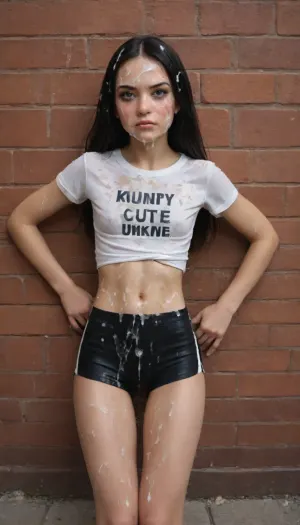 Very pretty 18 year old girl, cute, (young:1.7), (1 girl), (solo), half mexican, half british, tiny figure, (very skinny), (very skinny thighs:1.6), skinny legs, narrow hips, small butt, tiny firm butt, athletic, long straight black hair, (long hair), (((view from above and behind))), (bent over), showing you her ass, she's looking over her shoulder at you, running shorts, black shorts, tight t shirt, small curvy butt, (cum on her face), cum on ass, (facial:1.8), (cum:1.8), (bukkake:1.8), (angry), crying, running mascara, visible pussy peeking out from shorts