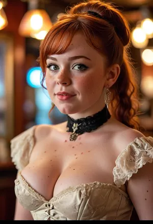 Wild West timeline, saloon bar, cute face, young 18 years old Irish girl, (((midget))), (ssbbw), ((obese)), (thick thighs and wide hips), ((saggy breast)), Firered hair, thick bun, bungs., ((Freckles on face)), corset, garter, stockings, high heels, Long eyelash. Busty lips, lipstick. Lace chocker. Big earrings. Seductive posing. Seductive smile., <lora:MJ52:1.5>, <lora:SDXLHighDetail_v6-000005:.8>, <lora:CinematicStyle_v1:1.7>