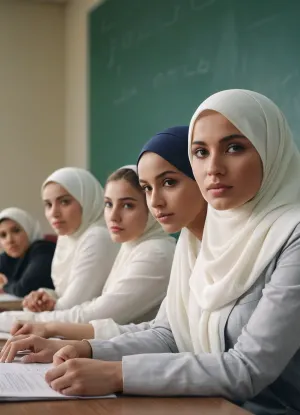 masterpiece, best quality, highly detailed, 5 ladies, lesbian, wearing white hijab, in a classroom