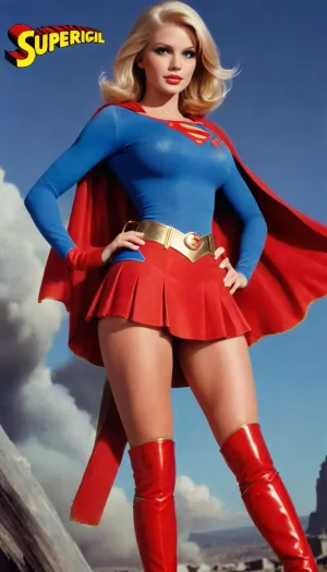 ((Movie poster for a 1960s SciFi movie version of Supergirl movie, short red skirt, red cape, blue top, red knee high boots with gold trim, gold belt, sexy power prostitute, cleavage, voluminous blonde hair flowing in the breeze, sexy legs, Bert small feet, massive juicy breasts, enormous heavy breasts, gargantuan breasts, long heavy lashes, floating in the night air)), large, breasts, big, boobs, huge, tits, supergirl, Movie, Poster, page, <lora:bombshell_v2:1.4>, <lora:f0f34de2-5e88-48a4-8ef5-e4e6c30adb6d.TA_trained:1.5>, <lora:Movie Poster:1.3>