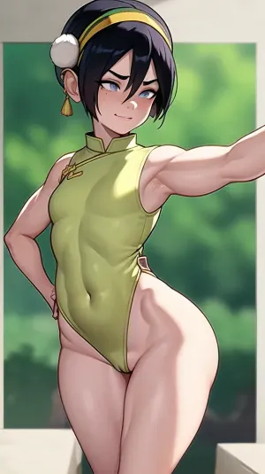(masterpiece, best quality:1.2), lyco, (atla_tophbeifong-10:1), cowboy shot, solo, 1girl, well build gymnastic body, fitness ass, sports legs, very lots of freckles face, very lots of freckles head, very lots of freckles body, sexy, beautifull, deeply seamless tanned, thigh gaps, shaved pussy, with a perfect face, detailed face, small lips, very much blush on the checks and nose, (raised nasal tip, upturned button nose, upturned nose, delicate nose, nose), (detailed hair, light hairstyle:1.1), no makeup, horny face, very cute big smile, loving hypnotized yellow eyes, toph beifong, blind, expressionless, fighting stance, short hair, hair bun, hairband, grey eyes, chinese clothes, <lora:atla_tophbeifong-10:.5>, <lora:TOPH-V2:.5>