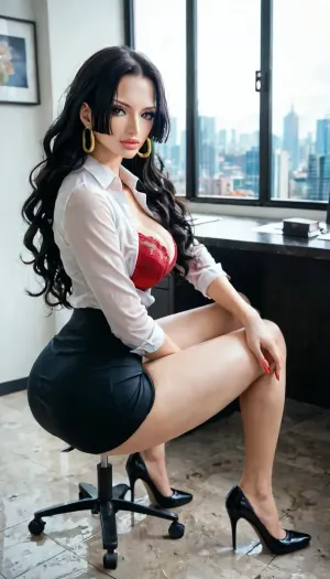 Boa Hancock from one piece, black hair, beautiful face, office secretary, doe eyes, big lips, long wavy hair, long legs, cleavage, round tits, round ass, tight white shirt, red bra underneath, black pencil skirt, stiletto high heels, sitting in meeting room, large boardroom, skyscraper view out of window, full body view