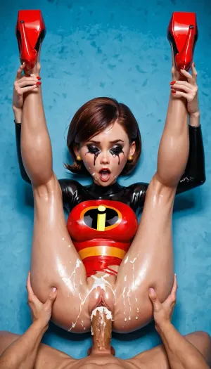 Helen Parr, moaning, eyes rolled back, bukkake, POV copulation, sex, reproduction, cream pie, legs up, fingers spread wide, leaked makeup, (costume from the Incredibles), torn clothes, big rounded tits, long slender legs, high heels, narrow hips, narrow calves, hourglass figure, full body look