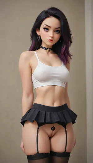 Asian girl, ((full view)), black hair with purple highlights, small perky breasts, thin hips and a small firm ass, hourglass figure, dressed like a goth, dressed in a black and purple plaid skirt, black garter belt under skirt, white tank top, spiked choker, long black lace stockings, black make-up, high-waisted thong, ((queen of spades tattoo above vagina)), <lora:Samaritan 3d Cartoon SDXL:.8>, <lora:Animated_Concept:.8>, <lora:426878_training_data:.8>, <lora:milkers_v2:.8>