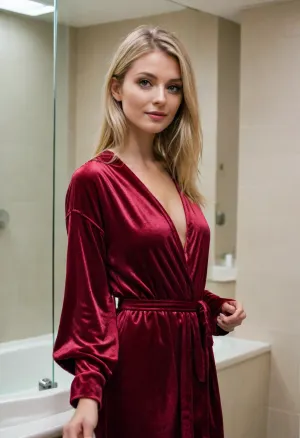 1 czech 30yo woman, (she wears a maroon shimmering thin velvet bathrobe:1.4), indoors in a luxury bathroom, (longer dyed blonde straight hair with a middle parting:1), grey eyes, pointed nose and chin, necklace with big pendant, natural big saggy tits, (she has wet hair:1.2), <lora:932836_training_data:.7>