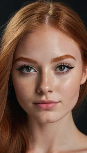 A ginger haired 21yo college student beauty, woman, completely naked, slim petite body with natural hourglass body shape, realistic skin, long opened straightened hair, straight hair, sporty, innocent smile, large bright eyes, innocent face, cute face, very naturally pretty face, stunning beautiful, cutest girl in town, (prelonged black eyeliner, eyeliner trick makes the eyes look bigger, natural bright ginger eyebrows:1.5), (full body in frame:1.4)