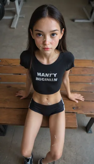 Very pretty 18 year old girl, cute, (young:1.7), 1 girl, solo, half mexican, half british, (very skinny), (very skinny thighs:1.6), skinny legs, narrow hips, small butt, tiny firm butt, athletic, long straight black hair, (long hair), (((view from above and behind))), in gym, she's bending over a bench, showing you her ass, she's looking over her shoulder at you, halfway through a squat, running shorts, black shorts, tight t shirt, dark blue t shirt, small curvy butt, (cum on her face), (facial:1.8), (cum:1.8)