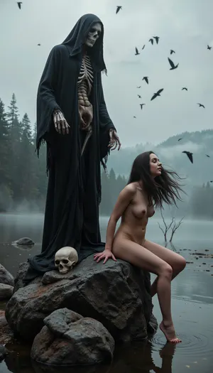 grim reaper and a naked woman, ((reaper standing on a rock in the middle of a foggy lake)), center sceen, tall, detailed skull face, detailed ragged black robe blowing in the wind, skeleton hands, ((the gothic woman sits on the rock below him, womans hair blows in the wind)), tall evil forest surrounds the lake, crows fill the sky in background