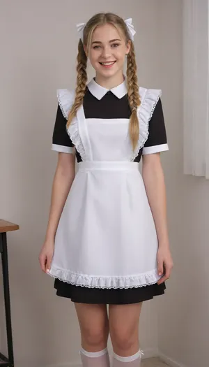 beautiful blonde 18 years old with long pigtails woman, white bows, black dress, white apron, soviet schoolgirl, white lingerie, white shoes, high heels, lewddungeon, rclassroom background, Cinematic, laughing, 4k epic detail, shot on kodak, 35mm photo, sharp focus, high budget, cinemascope, moody, epic, gorgeous, film grain, grainy, score_9, score_8_up, score_7_up, rating, suxl, <lora:suxl:.8>