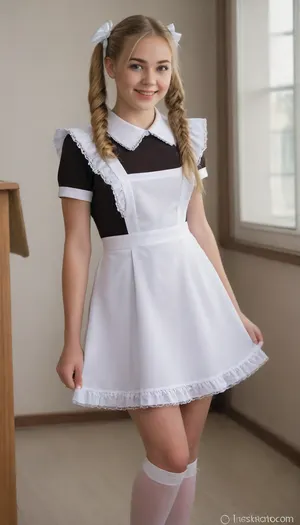 beautiful blonde 18 years old with long pigtails woman, white bows, black dress, white apron, soviet schoolgirl, white lingerie, white shoes, high heels, lewddungeon, rclassroom background, Cinematic, laughing, 4k epic detail, shot on kodak, 35mm photo, sharp focus, high budget, cinemascope, moody, epic, gorgeous, film grain, grainy, score_9, score_8_up, score_7_up, rating, suxl, <lora:suxl:.8>