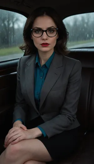 A hyperrealistic portrait, cinematic lighting, 85mm lens, a terrified 40-year-old Russian schoolteacher with sharp, angular features, pale skin, and close-cropped dark hair, wearing a severe charcoal grey power suit featuring a short, A-line skirt, crisp white blouse, and black pointed-toe heels. Her vibrant, almost theatrical makeup—deep crimson lipstick, meticulously applied eyeliner, and blush—contrasts starkly with her expression of sheer terror. Her glasses, thick-rimmed and slightly askew, amplify her anxiety. She sits rigidly in the backseat of a vintage black Volga, her hands clasped tightly in her lap, shoulders hunched, body angled slightly away from an unseen threat. Her gaze is directed to the right, slightly downward, eyes wide with fear. The car's interior is dimly lit, leather seats worn and showing signs of age, a slightly cracked dashboard, the faint glimmer of city lights visible through the rain-streaked window. The atmosphere is tense, suspenseful, a palpable sense of impending danger. The overall mood is one of chilling dread and vulnerability. The style evokes classic film noir, utilizing dramatic chiaroscuro lighting and a focus on capturing the raw emotion of the subject. The color palette is dominated by dark greys, blacks, and deep crimson, accentuated by the cold blue-grey of the rain-streaked window.