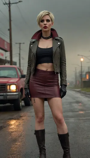 A cinematic, post-apocalyptic nightscape, viewed from a low rear angle, showcasing a 40-year-old woman of Russian descent. Her short, choppy, ash-blonde hair contrasts sharply with her vibrant, almost theatrical makeup—deep crimson lipstick, smoky eyes, and meticulously sculpted brows. She's clad in form-fitting, crimson red leggings, sturdy, knee-high black leather boots, and a worn, olive-green leather jacket, the collar turned up against the chill night air. Her stance is relaxed yet alert, one hand casually resting on the truck's weathered metal tailgate, her body angled slightly away from the camera, conveying a sense of quiet resilience. The woman's face is partially obscured, focusing on her strong jawline and determined set to her mouth. The setting is a desolate, neon-lit truck stop, the harsh light reflecting off the rain-slicked asphalt. Rusty vehicles litter the background, their paint faded and peeling under a sickly yellow sky. The overall color palette is a stark contrast between the vibrant reds of her outfit and the muted, desaturated greys and browns of the decaying landscape. The atmosphere is tense, melancholic, and hopeful, a blend of grit and determination under a Blade Runner-inspired, cyberpunk aesthetic, rendered in a photorealistic style with a subtle film grain to enhance the gritty mood. The image evokes a sense of quiet strength and survival in a harsh, unforgiving world. A wide-angle lens emphasizes the vastness of the desolate environment., microskirt, extremely, short, skirt, <lora:MicroSkirt_XL:.8>, plump, skindentation, chubby, bbw, venus, body, big, breasts, ass, <lora:Chubby BBW - XL:.8>