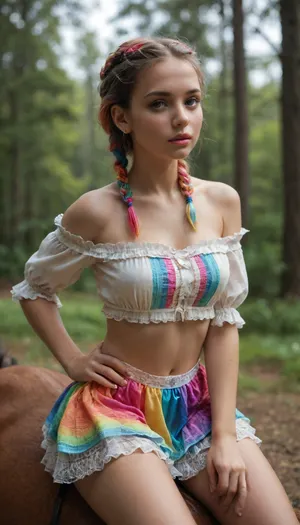 (Masterpiece, Best_Quality, Highest_Resolution, (Skindentation), Extremely_Detailed, Detailed_eyes, Depth_of_field), (youthful:1.1), (Cute detailed colorful eyes, Colorful hair, detailed loosely tied hair strands, braids, hair beads, Perfect detailed lips, Hair gently falling onto her face, colorful lip gloss, cute cheeks), ((Offshoulder cropped blouse, Frilly half sleeves, Colored clothes, short erotic skirt, lowrise skirt, hipbone)), perfect lighting, soft light on her soft skin, Slightly tanned, hand on hip, hand pulling top, sitting on a horse, forest meadow