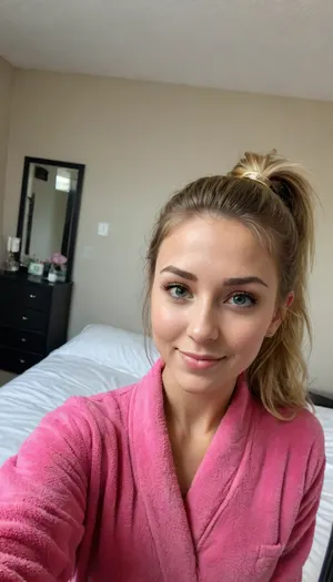 ((ultimate quality:1.5)), score 9, score 8, iphone bathroom mirror selfie.
wearing a thick pink bathrobe, laying in bed, against her pillow, early morning, tack sharp, UHD, Uncomfortable, shy pose, vulnerable, please stop, mobile selfie, full mirror selfie, bathroom mirror selfie, nice smile, side smile, smouldering look, Picture taken at unique angles, sexy selfie, funny selfie, silly face, Instagram selfie, Facebook selfie, .

About her, She is 39 years old female mom, wife, her height is 175cm., ((smokey blonde thick hair in a messy ponytail)), .
long round oval face, with light blue eyes, (small bust), size b breasts, sagging tits, perky little breasts, Sun Tanned skin.
Hair is long full and bouncy., .

olddigitalcamera, raw, light, leak, film, grain, jpeg, artifacts, low, res, quality, <lora:Old_Digital_Camera:.8>, .
tongue, out, ahegao, drool, <lora:ahegao_mr_chrisma:.8>