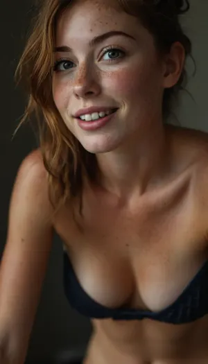 masterpiece, score_9, score_8_up, score_7_up, 1girl, from below, beautiful standing woman leaning slightly over viewer, well build gymnastic body, fitness ass, sports legs, very lots of freckles face, very lots of freckles head, very lots of freckles body, sexy, beautifull, deeply seamless tanned, thigh gaps, shaved pussy, with a perfect face, detailed face, small lips, very much blush on the checks and nose, (raised nasal tip, upturned button nose, upturned nose, delicate nose, nose), (detailed hair, light hairstyle:1.1), no makeup, horny face, very cute big smile, loving hypnotized yellow eyes, ((standing and leaning slightly forward)), sexy pose, closeup, ((eye contact)), seductive smile, (downblouse), breast focus, (body freckles, blush, lip bite), (cleavage), 19 years old, nighttime, ((very dark room)), dim lighting, very aesthetic, subsurface scattering, natural skin texture, realistic skin texture, detailed skin texture, skindentation, <lora:style_lora_realis:.8>