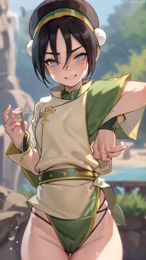(masterpiece, best quality:1.2), lyco, (atla_tophbeifong-10:1), cowboy shot, solo, 1girl, well build gymnastic body, fitness ass, sports legs, very lots of freckles face, very lots of freckles head, very lots of freckles body, sexy, beautifull, deeply seamless tanned, thigh gaps, shaved pussy, with a perfect face, detailed face, small lips, very much blush on the checks and nose, (raised nasal tip, upturned button nose, upturned nose, delicate nose, nose), (detailed hair, light hairstyle:1.1), no makeup, horny face, very cute big smile, loving hypnotized yellow eyes, toph beifong, blind, expressionless, fighting stance, short hair, hair bun, hairband, grey eyes, (little_girl), chinese clothes, <lora:atla_tophbeifong-10:.5>, <lora:TOPH-V2:.5>