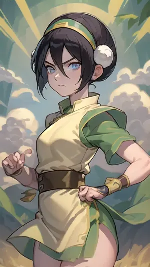 (masterpiece, best quality:1.2), lyco, (atla_tophbeifong-10:1), cowboy shot, solo, 1girl, toph beifong, blind, expressionless, fighting stance, short hair, hair bun, hairband, grey eyes, chinese clothes, <lora:atla_tophbeifong-10:.5>, <lora:TOPH-V2:.5>