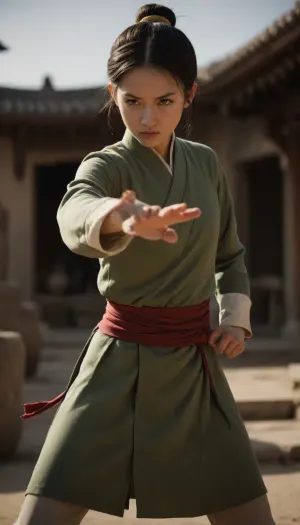(masterpiece, best quality:1.2), lyco, (atla_tophbeifong-10:1), cowboy shot, solo, 1girl, toph beifong, blind, expressionless, fighting stance, short hair, hair bun, hairband, grey eyes, chinese clothes, <lora:atla_tophbeifong-10:.5>, <lora:TOPH-V2:.5>