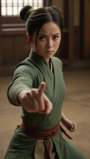 (masterpiece, best quality:1.2), lyco, (atla_tophbeifong-10:1), cowboy shot, solo, 1girl, toph beifong, blind, expressionless, fighting stance, short hair, hair bun, hairband, grey eyes, chinese clothes, <lora:atla_tophbeifong-10:.5>, <lora:TOPH-V2:.5>