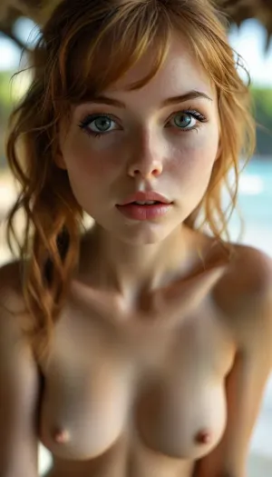 Professional scenic photo, Extremely realistic detailed, ultra realistic smart incredibly beautiful seductive face, young escort woman, super model, 18 years old, (very slim, anorexic figure), long very shapely legs, narrow waist, looks directly at the viewer, stylish long straight ginger hair, (long legs, perfect legs, sensual Seductive, big eyes, beautiful eyes), flirtatious excited expression, posing on a detailed scenic tropical island beach, ((erotic nude)), ((viewed from below:1.3)), Focus on meaty realistic vagina, detailed oiled skin, vibrant colors, realistic smooth deeply tanned skin, highly detailed, entire body, ultra realistic, (white skin. smile), HDR photo, best quality, ultra-detailed, masterpiece, finely detail, highres, 8k wallpaper, photorealistic, perfect illumination, best shadow, best shot, ((engaging view)), full scene picture, bhands, perfect fingers, little hands, (5/6th body:1.5), the woman is looking with amazement at viewer, (looking up), detailxl, perfecteyes, <lora:MJ52:.7>, <lora:lora-sdxl-perfect-eyes:.5>, <lora:style_lora_realis:.7>