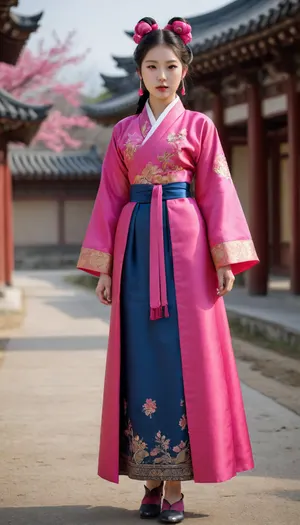 A full-body ultra-realistic image of a fierce Korean girl with long hot pink twin-tails, sharp eyeliner, and a confident gaze, walking down a fashion runway. She is wearing a beautifully modernized traditional Korean hanbok, featuring a short jeogori jacket with long ribbons, (goreum), a high-waisted full-length chima, (skirt), made of layered silk and organza, and subtle gold embroidery inspired by Joseon royal attire. The hanbok is in vivid pink and black, with luxurious textures and elegant