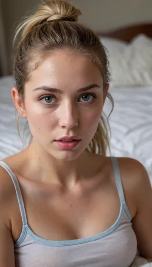 ((ultimate quality:1.5)), score 9, score 8, About her, She is 39 years old female mom, wife, her height is 175cm., ((smokey blonde thick hair in a messy ponytail)), .
long round oval face, with light blue eyes, (small bust), size b breasts, sagging tits, perky little breasts, Sun Tanned skin.
Hair is long full and bouncy.
Close-up on the head of a delicate, youthful girl, her soft, pale skin marred by the remnants of a long and intense session, lying on a plush, worn-out bed in a dimly lit, sun-drenched room. Her face is turned directly toward the viewer, revealing a profound sense of exhaustion and sorrow, with tears cascading down her cheeks, her once-pristine makeup now smudged and ruined, a testament to the emotional and physical toll of the ordeal. The scene is bathed in a warm, golden light that accentuates the delicate contours of her face, creating a poignant, almost surreal atmosphere as the soft, warm morning light filters through the curtains, casting a gentle glow over the bed and the remnants of a small, lingering puddle of cum that has slowly accumulated on the mattress, a subtle yet significant detail that adds a layer of intimacy and vulnerability to the moment. The overall mood is one of quiet despair and raw emotion, capturing the essence of a moment that is both intimate and deeply human, with the soft, ambient sounds of the early morning outside, the faint hum of the air conditioner, and the distant chirping of birds creating a serene, almost melancholic backdrop to the scene., (cum running out of mouth onto bed:1.5)
