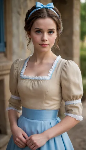 Belle from beauty and the beast in a simple, early-19th century French provincial village outfit. She wears a modest, pale blue dress with puffed sleeves and a square neckline, cinched at the waist. Over her dress, she wears a light brown apron with a tied bow at the back. Her hair is in a loose, practical updo with a few stray hairs framing her face, and she wears a matching blue ribbon in her hair.