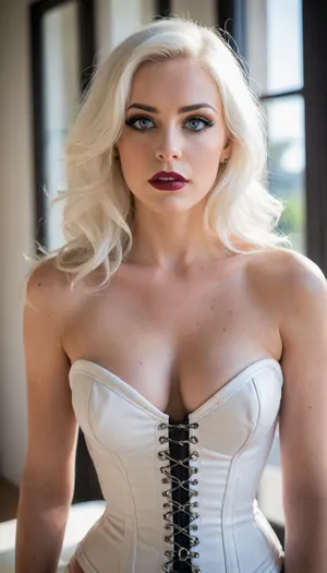 ziprealism, (focus on chest, bdsm esthetic, avant-garde fashion esthetic:1.6), (smug, expressive eyes, breathtaking eyes, mesmerizing eye contact, perfect eyes), (white leather corset, strict corset, cleavage, huge bust:1.4), (silky hair, brilliant white hair, stark white hair, long hair, cascading hair:1.2), (vivid lipstick, heavy eyeshadow, dark eyeshadow, bold eyeliner), (sharp chin, chiseled cheekbones, triangular face, full lips), (medium full shot, profile shot, low angle shot, natural lighting, tight focal length, rule of thirds framing:1.2), (crystal blue eyes, catchlights, detailed eyes, limbal ring), posing in front of sunny window, streaming sunlight, godrays, natural skin texture, soft bokeh, <lora:add-detail-xl:.8>