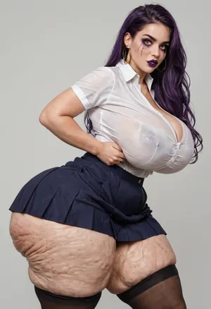 Fat schoolgirl, tight school uniform, tight black stockings, short skirt that doesn't cover her ass, huge cleavage. Huge breasts, huge ass, cellulite ass, cellulite thighs, thick thighs, hips, textbooks in her hands. Dark purple hair, dark purple lipstick, crazy makeup. Folds of fat, soft tummy