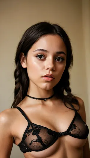 The image shows a young woman with long, dark brown hair, parted in the middle and falling over her shoulders. Her skin has an olive complexion. She has dark, expressive eyes, a slightly curved nose, and full lips shaped in a neutral expression. Her facial features are soft and feminine. She has a slim, athletic build and an upright posture.

She is wearing a black, sheer bra and matching lace panties. The bra is a triangular model with floral lace details and has a transparent panel in the middle. The panties are a thong model, also made of lace. The underwear is uniformly black. She also wears a narrow, dark choker. Another metallic accessory, resembling a leg band, can be seen on her left thigh., w3dnesday, braided, pigtails, <lora:w3dnesday_100:.8>, <lora:Midjourney Image Enhancer XL v1:.8>, ChunLingerie, <lora:SDXL_ChunLingerieXL:.8>