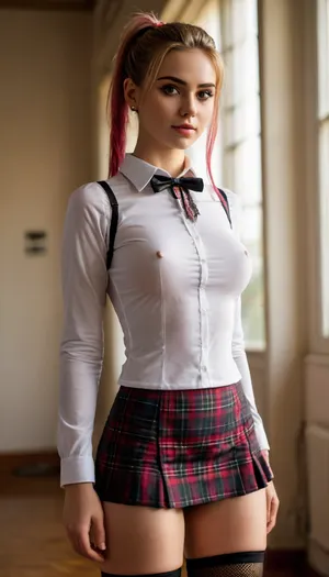 woman, (realistic:1.3), masterpiece, best quality, clear face, far shot, front light, with a huge diamond necklace, back view, with pink ponytail, (warm grin), black lace in the shape of a large mesh, in a white long-sleeved shirt, standing at school, very breasts, posing for a picture, golden hour, mottled light and shadow, (((masterpiece))), realistic facial features, (((ultra-detailed))), ((perfect body and face)), cute tall tall face, finely detail, panties translucent, topless, skinny waist, (detailed pussy), beautiful pussy, perfect pussy, beautiful, symmetrical face with high cheekbones, well-defined jawline, lips that are plump and luscious, Intense gaze, detailed face, perfect illumination, beautiful eyes, bright hair, beautiful legs, skin pores, ((more plausible)), ((high detailed skin)), 8k uhd, dslr, high quality, detailed skin texture, (highly detailed hair), sharp body, highly detailed body, (realistic), soft focus, ((insanely detailed)), (highest quality), (skin pores, skin imperfections), leash, high resolution photography on a canon camera, school, uniform, white, shirt, bra, red, plaid, ((miniskirt)), fishnet, thighhighs, JS_ShortSkirt, <lora:Midjourney Image Enhancer XL v1:.8>, ChunLingerie, <lora:SDXL_ChunLingerieXL:.8>