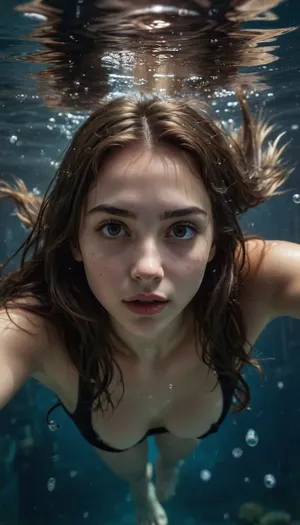 dramatic shadows, ultra-realistic, dark tones, hyper-realistic, maximum details, view from below, photorealistic, Nude woman in a fish aquarium, ((under water)), fish aquarium, she swims in the aquarium under water, diving, (((air bubbles))), (((diver's pose))), ((dynamic pose)), (((wet hair))), legs apart, ((gaping pussy)), ((puffy pussy)), curvy pose, ((floating hair)), big eyes, ((beautiful face)), beautiful eyes, pointed nose, ((maximum detailed face)), wet skin, cute, girl, <lora:cute_girls_xl_v1:2>