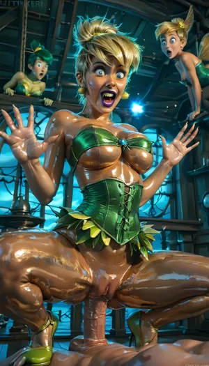 Realistic, Disney's Tinker Bell caught fucking a man on a pirate ship, 18 year old, squatting, (vampire teeth and glowing blue eyes:1.5), (wearing slutty green Tinker Bell outfit:1.8), green corset and push up lifted tits bra, underboob, amazing fit body, flat stomach, getting fucked cowgirl style, big round silicone tits, pierced nipples with hoops, long blonde hair, ponytail hair, purple lipstick, smiling, cock inside pussy, view from below, making eye contact, (shocked:1.8), large, breasts, big, boobs, huge, tits, (oiled skin:1.5), very detailed face, very detailed hands and fingers, <lora:bombshell_v2:.8>, <lora:Mistress_of_the_night-000016:1.8>, <lora:Glowing_beach:.8>