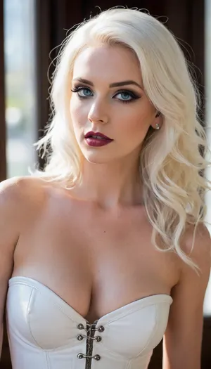 ziprealism, (focus on chest, bdsm esthetic, avant-garde fashion esthetic:1.6), (smug, expressive eyes, breathtaking eyes, mesmerizing eye contact, perfect eyes), (white leather corset, strict corset, cleavage, huge bust:1.4), (silky hair, brilliant white hair, stark white hair, long hair, cascading hair:1.2), (vivid lipstick, heavy eyeshadow, dark eyeshadow, bold eyeliner), (sharp chin, chiseled cheekbones, triangular face, full lips), (medium full shot, profile shot, low angle shot, natural lighting, tight focal length, rule of thirds framing:1.2), (crystal blue eyes, catchlights, detailed eyes, limbal ring), posing in front of sunny window, streaming sunlight, godrays, natural skin texture, soft bokeh, <lora:add-detail-xl:.8>